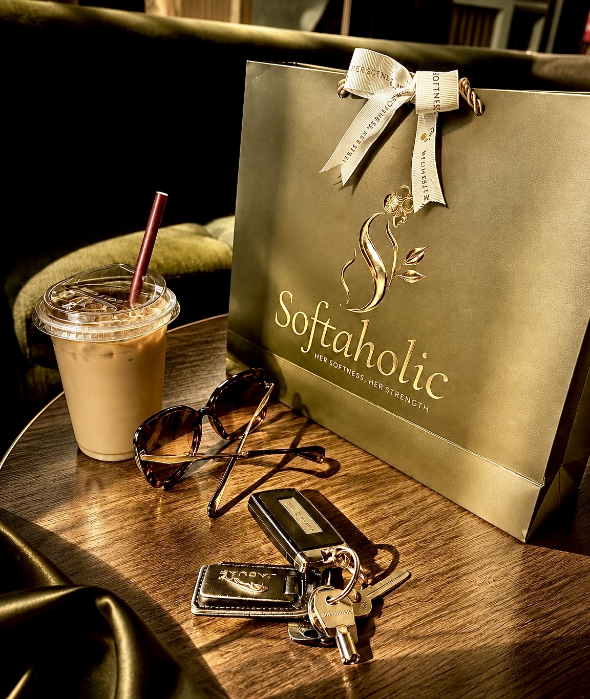 Softaholic gold gift bag with iced coffee and keys