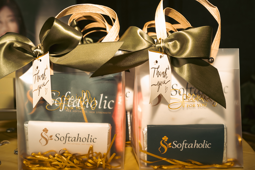 Softaholic thank-you gift bags with olive ribbon