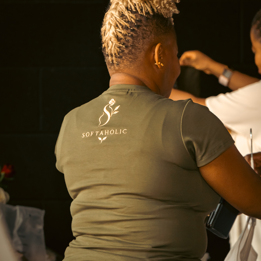 Olive Softaholic tee with gold embroidered emblem