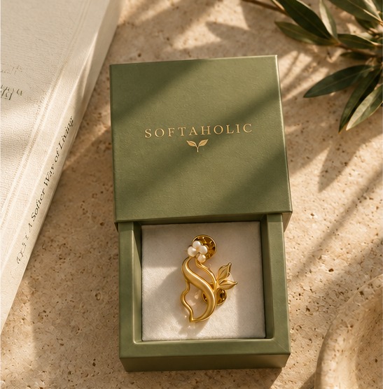 Gold Softaholic pin in an olive keepsake box