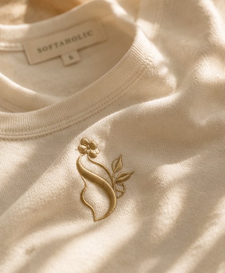 Cream sweatshirt with gold Softaholic emblem embroidery