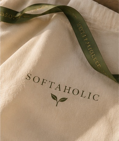 Softaholic cream pouch with olive ribbon